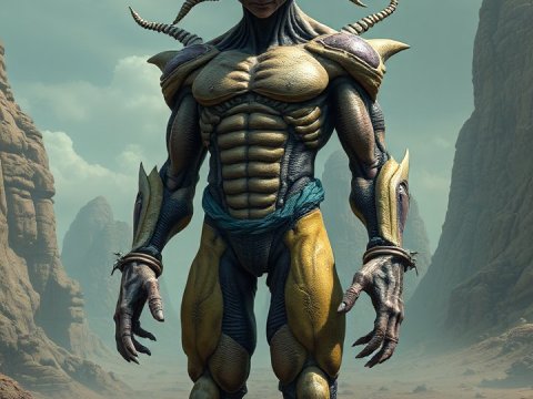 Surreal Alien Warrior in Rocky Desert Landscape
