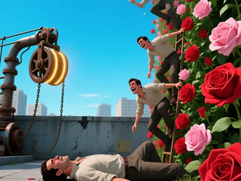 Surreal Ascend of a Man Through Roses and Ladder