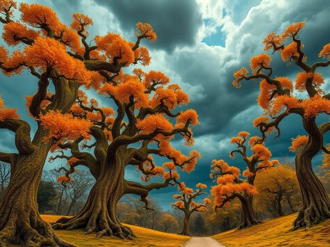 Surreal Autumn Trees Under Dramatic Sky