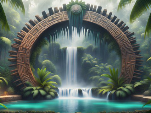 Surreal Aztec Stargate in Lush Jungle with Waterfall