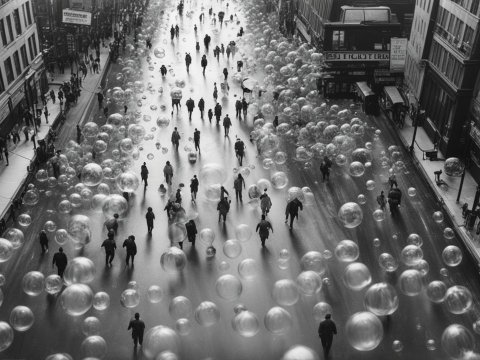 Surreal Black and White City Street with Floating Bubbles