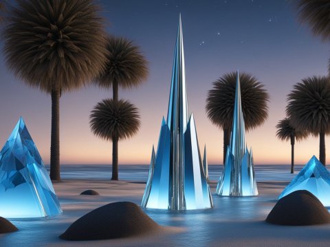 Surreal Blue Crystal Spires Among Palm Trees at Twilight