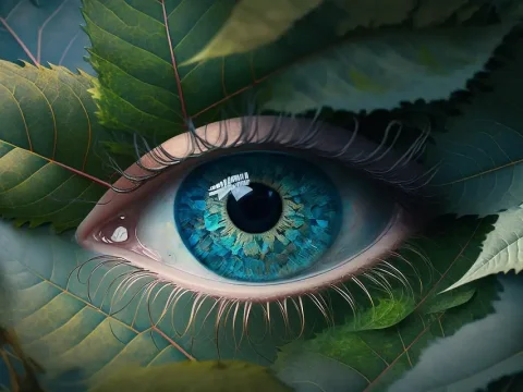 Surreal Blue Eye Among Green Leaves