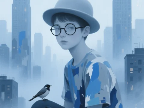 Surreal Blue-Grey Cityscape Portrait of a Boy with Bird
