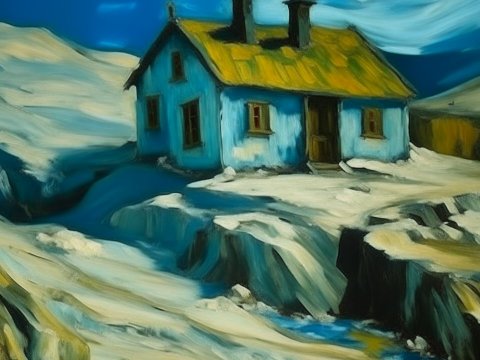 Surreal Blue House on Rocky Snowy Landscape
