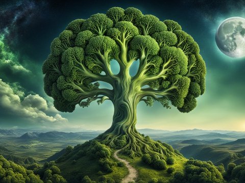 Surreal Broccoli Tree Under a Full Moon