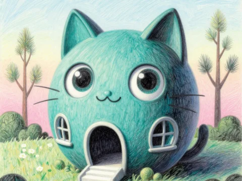 Surreal Cat-Shaped House in Pastel Landscape