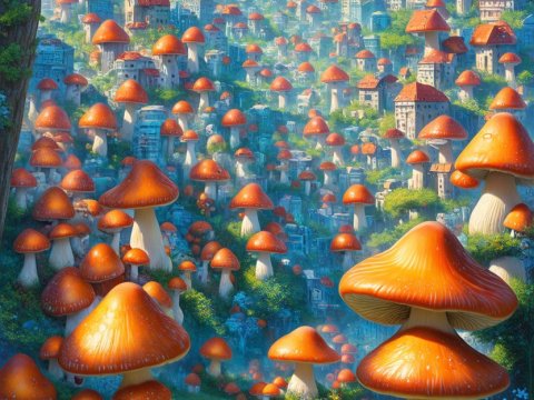 Surreal City of Giant Mushrooms and Towering Buildings