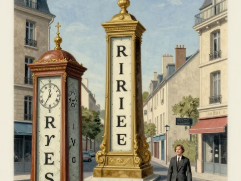 Surreal City Street with Ornate Clock Pillars