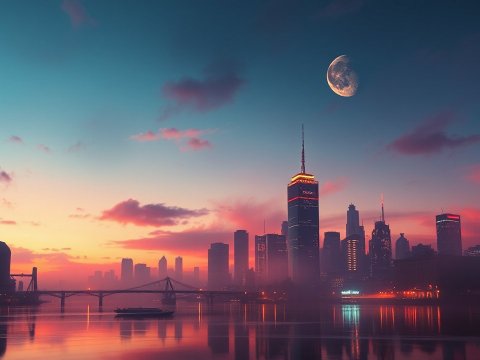 Surreal Cityscape at Twilight with a Large Moon