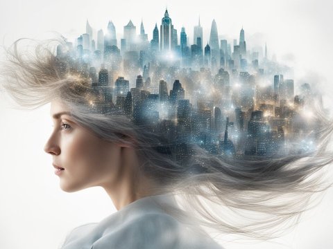 Surreal Cityscape Emerging from Woman's Hair