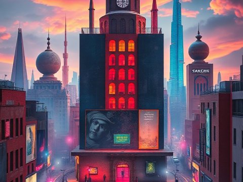 Surreal Cityscape with Multiple Moons and Neon Lights