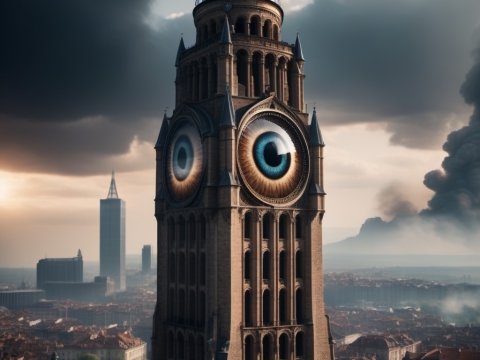 Surreal Clock Tower with Giant Human Eyes
