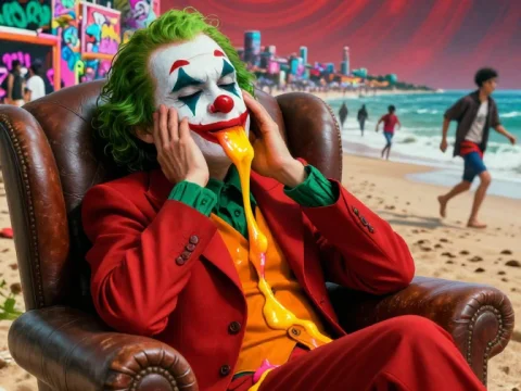 Surreal Clown on Beach with Melting Face Paint