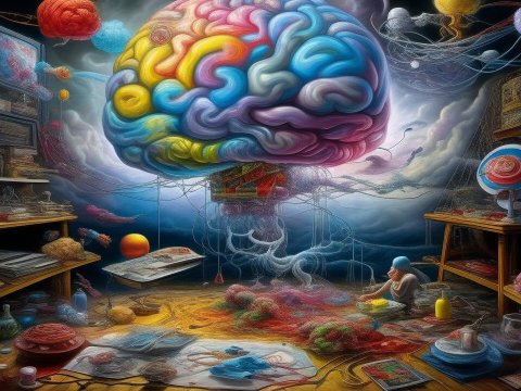 Surreal Colorful Brain in a Dreamlike Study Room