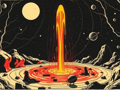 Surreal Cosmic Fountain Erupting in Alien Landscape