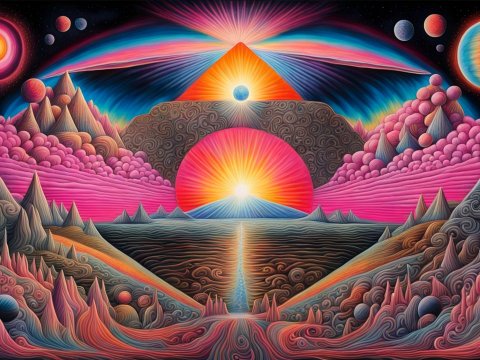 Surreal Cosmic Landscape with Vibrant Celestial Elements