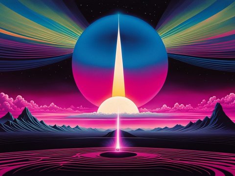 Surreal Cosmic Sunrise with Vibrant Neon Landscape