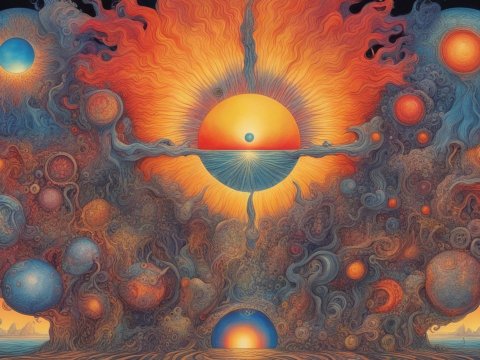 Surreal Cosmic Sunset with Abstract Planetary Forms
