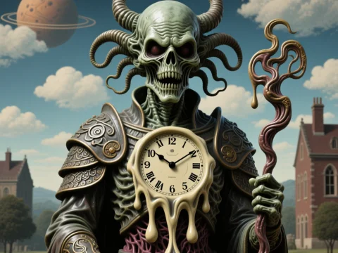 Surreal Cult Guardian with Melting Clock and Horned Skull