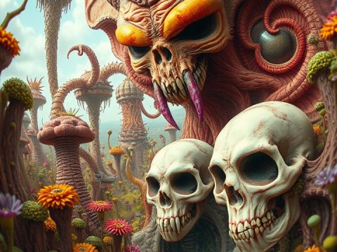 Surreal Demonic Landscape with Giant Skulls and Twisted Flora