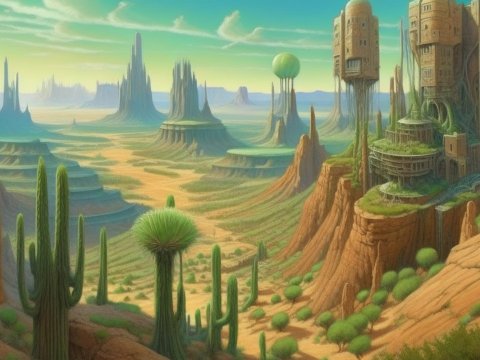 Surreal Desert City with Treehouse Towers