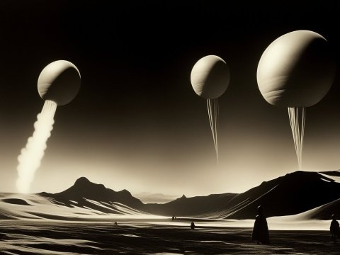 Surreal Desert Landscape with Floating Spherical Balloons