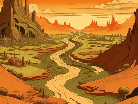 Surreal Desert Landscape with Winding River and Rock Formations