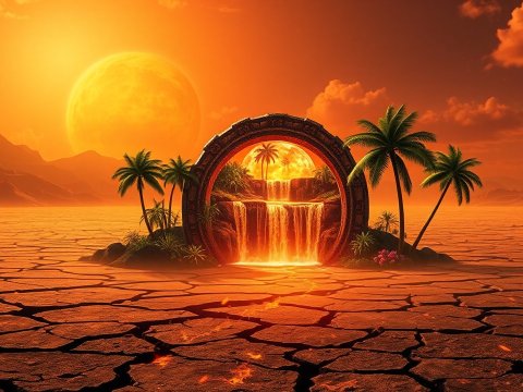 Surreal Desert Portal with Waterfall and Twin Suns