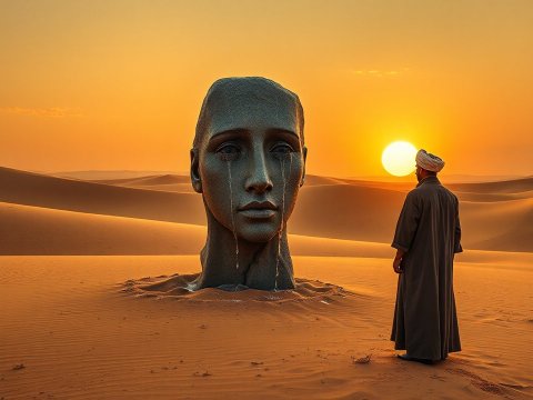 Surreal Desert Scene with Giant Crying Statue and Man at Sunset