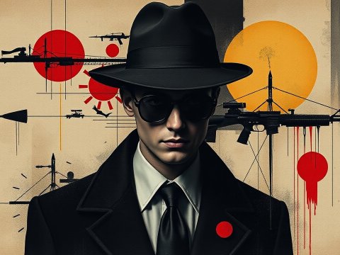 Surreal Detective in Noir Style with Abstract Weapon Motifs