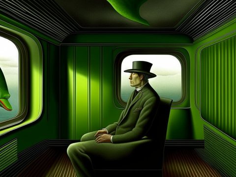 Surreal Encounter in a Green Room with a Man and a Sea Creature