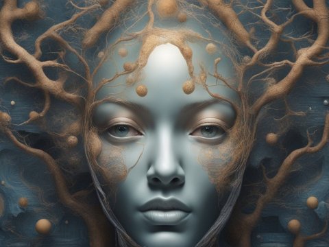 Surreal Face with Organic Branches and Spheres