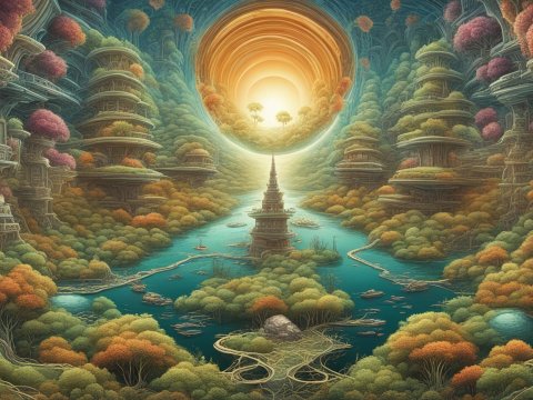 Surreal Fantasy Landscape with Towering Structures and Radiant Sun
