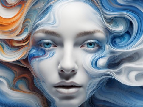 Surreal Female Face with Flowing Abstract Swirls