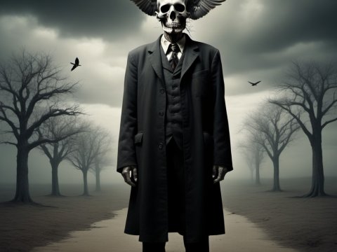 Surreal Figure with Skull Head and Wings in Dark Landscape