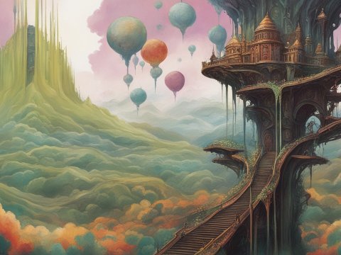 Surreal Floating Castle Above Misty Landscape
