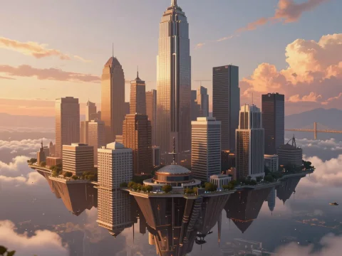 Surreal Floating City at Sunset