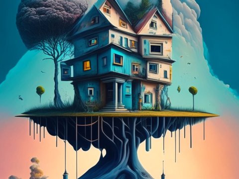 Surreal Floating House on Tree Island