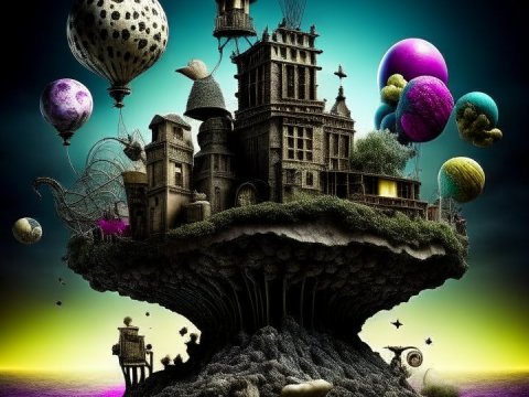 Surreal Floating Island with Hot Air Balloons and Fantasy Architecture