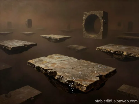 Surreal Floating Stone Platforms in a Dark Abyss