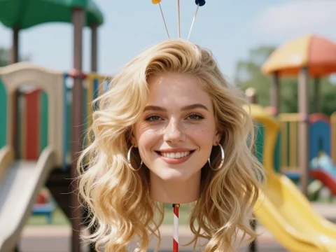 Surreal Floating Woman's Head with Balloons at Playground