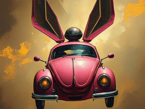 Surreal Flying Car with Bunny Ears