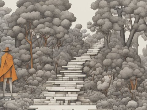 Surreal Forest Path with Figure in Orange Cloak