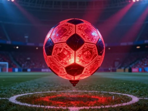 Surreal Glowing Red Soccer Ball on Stadium Field