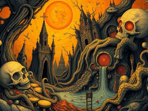 Surreal Gothic Landscape with Skulls and Twisted Trees