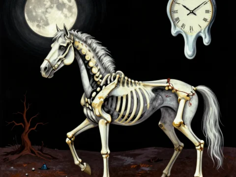 Surreal Gothic Skeleton Horse Under Full Moon