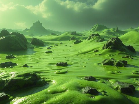 Surreal Green Alien Landscape with Rocky Terrain