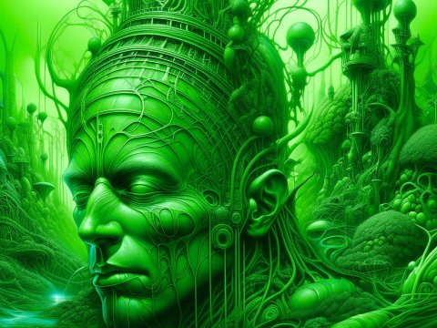 Surreal Green Biomechanical Face in Lush Alien Landscape