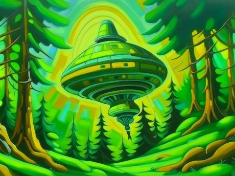 Surreal Green Forest with Floating UFO